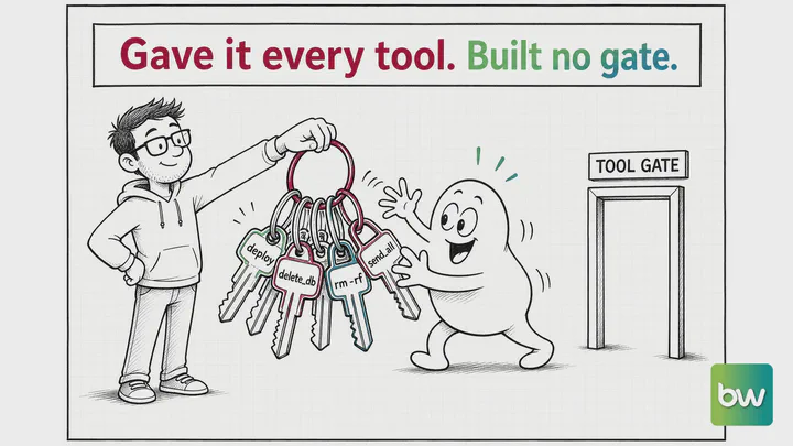 AI agent meme: a developer hands a happy blob agent keys like deploy and delete_db while the tool gate stands empty.