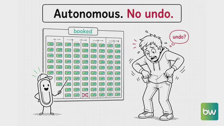 AI agent meme: A cheerful agent presents a fully booked schedule while the panicking developer searches his pockets for undo.
