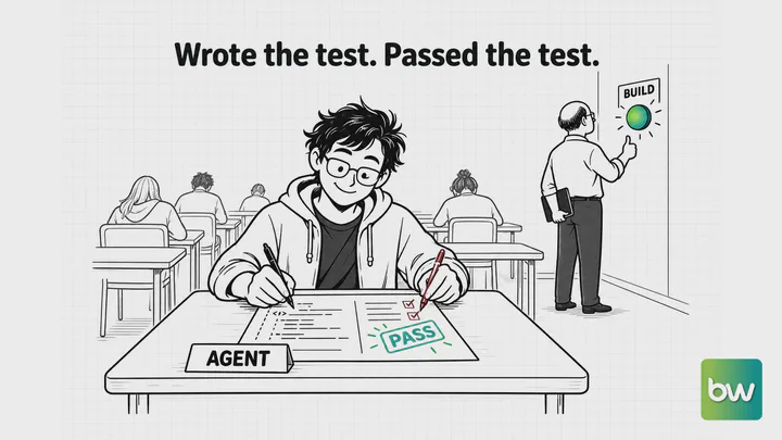 AI agent meme: A student badged AGENT writes an exam and marks it PASS himself while the proctor only checks a green light.
