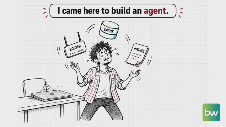 AI agent meme: A frazzled developer juggles a router, a cache and an invoice while his laptop gathers dust on the desk.