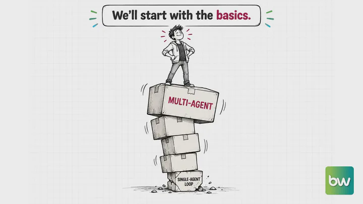 AI agent meme: a proud developer stands on a wobbly box tower whose cracked bottom box is the single-agent loop.