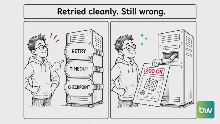 AI agent meme: A developer shows off a server armored with retry plates, then smiles at a 200 OK slip holding nonsense.