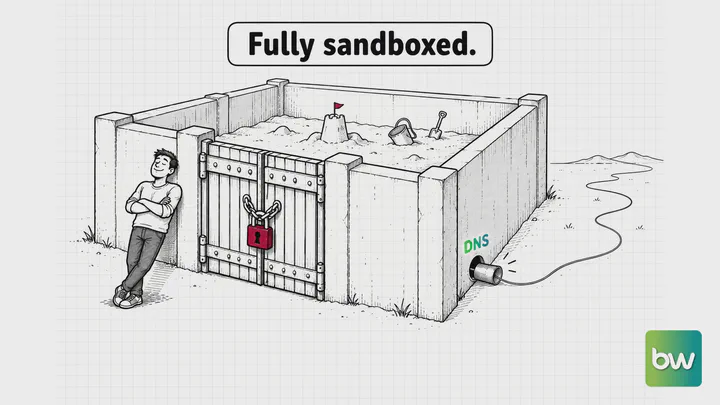 AI agent meme: a man leans calmly on a padlocked sandbox wall while a DNS tin-can phone line runs out the back.
