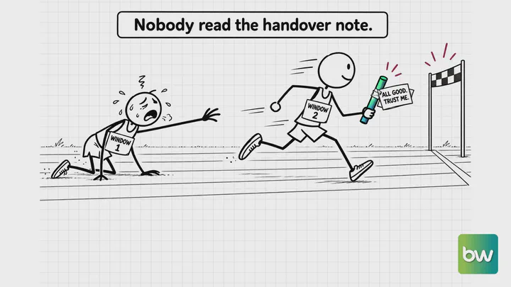 AI agent meme: In a relay race, window 1 collapses while window 2 sprints off with a baton carrying an unread note.