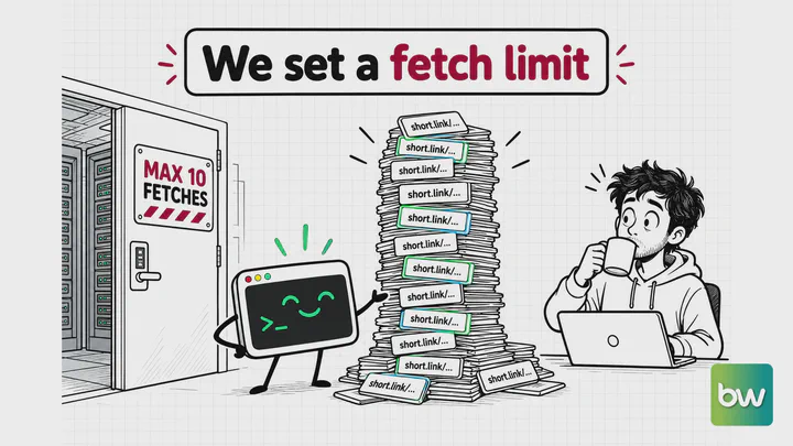 AI agent meme: an agent obeys a strict fetch limit sign while stacking a tower of shortened links