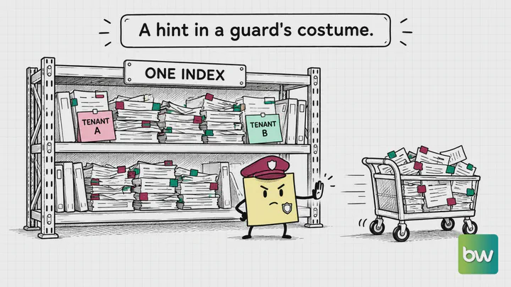 Backend developer meme: A sticky note in a guard cap blocks a shared shelf as a cart rolls off with mixed tenant files.