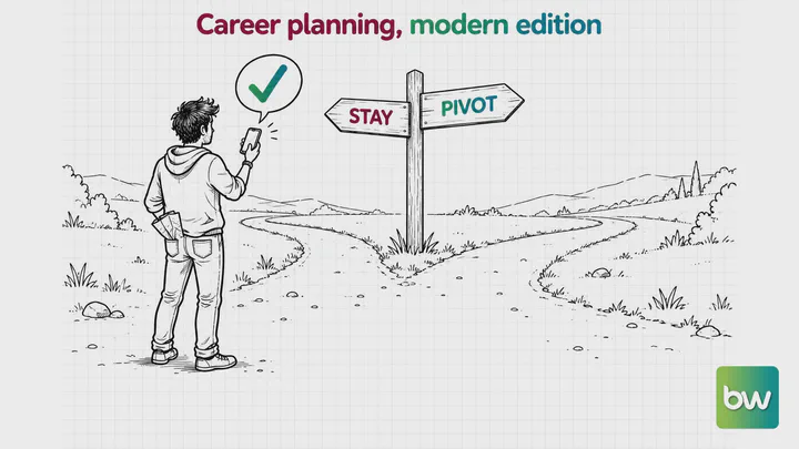 ChatGPT meme: At a stay-or-pivot signpost a developer ignores the map in his pocket and trusts a phone showing a checkmark.