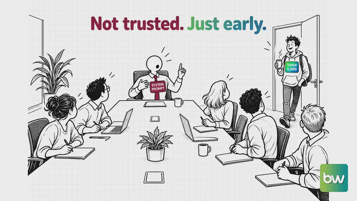 ChatGPT meme: A boss badged SYSTEM PROMPT speaks at the head of the table while everyone turns to a latecomer token.