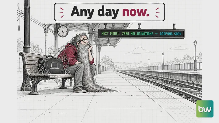 ChatGPT meme: A developer with a floor-length beard and cobwebs waits on a platform for a zero-hallucination train.