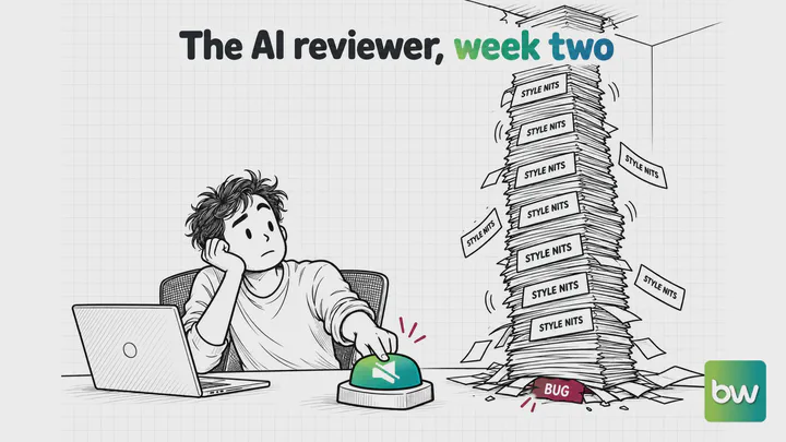 Coding meme: a developer mutes the AI code reviewer while a tower of style nits buries the one real bug