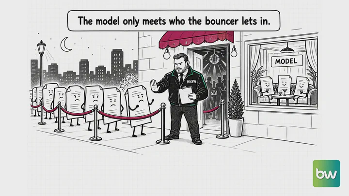 Computer science meme: An HNSW bouncer turns away a queue of documents and lets only three into the model's VIP room.