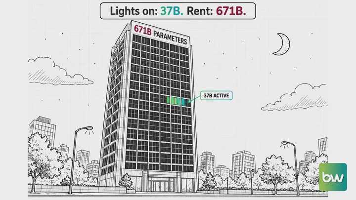 Deep learning meme: A night office tower labelled with its total parameters has only a few windows lit as the active part.