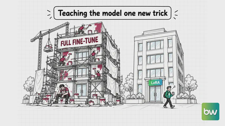 Deep learning meme: Painters repaint a scaffolded tower for a full fine-tune while next door someone clips on a LoRA sign.