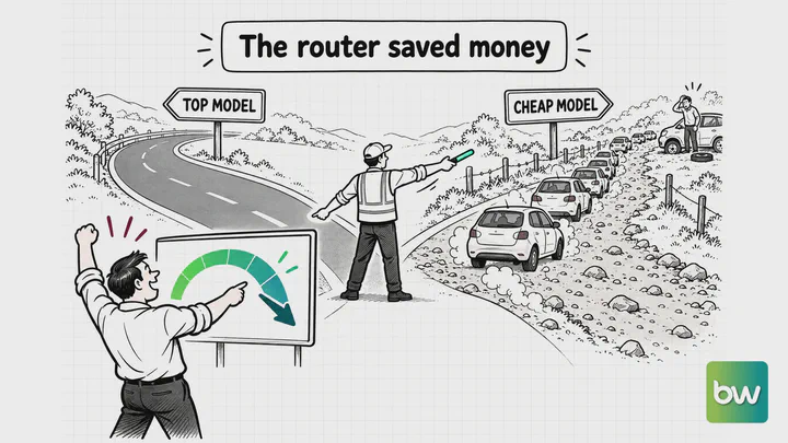 Developer meme: A manager cheers a falling cost gauge as cars are waved onto a gravel road where a user has a flat tyre.