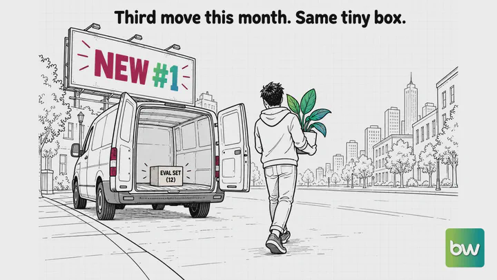 Developer meme: A developer carries a plant to a moving van under a new number one billboard, its cargo one tiny eval box.