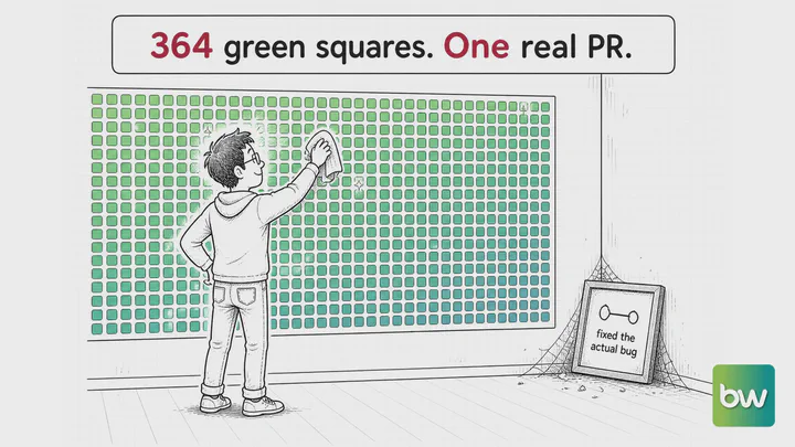 Developer meme: A developer polishes a giant wall of green squares while a framed bug-fix PR gathers cobwebs in a corner.