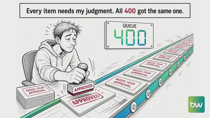 Developer meme: a tired developer stamps APPROVED on card after card from a conveyor belt under a queue counter.