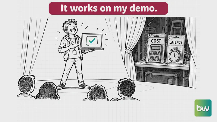 Developer meme: a presenter beams at a green check on stage while cost and latency props gather cobwebs backstage.