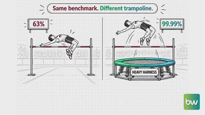 LLM meme: Two high jumpers clear the same bar, but one soars to a near-perfect score off a heavy harness trampoline.