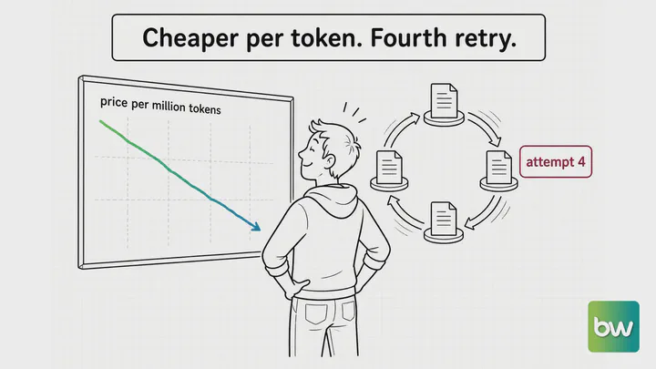 LLM meme: A developer admires a falling token price chart while an agent loop behind him runs its fourth attempt.