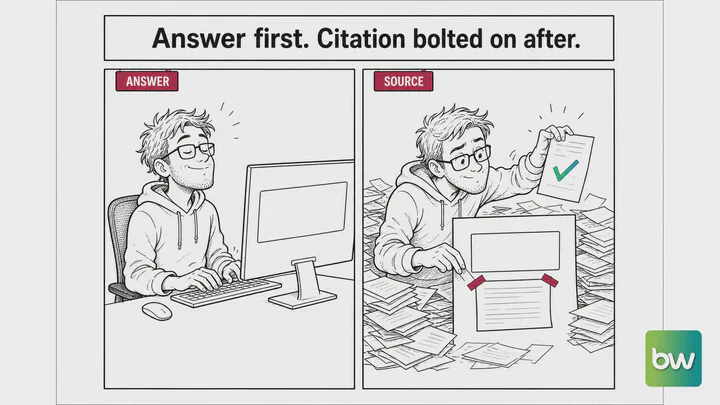 LLM meme: a developer types an answer from memory, then tapes a matching paper from a pile underneath as the source.