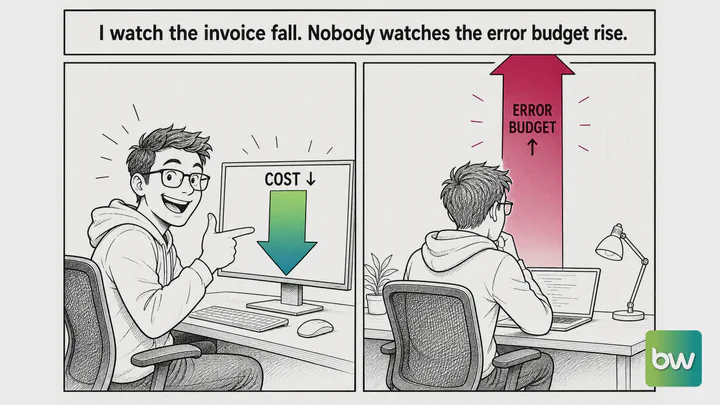 LLM meme: a developer cheers a falling cost arrow on screen while a huge error budget arrow rises behind his back.