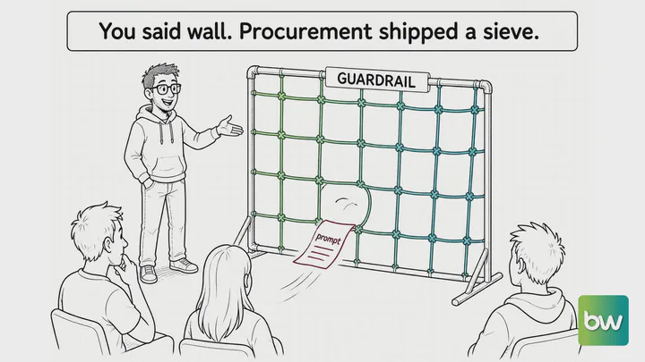 LLM meme: A presenter praises his guardrail, a wide-mesh net, while a prompt slip slides right through a hole in it.