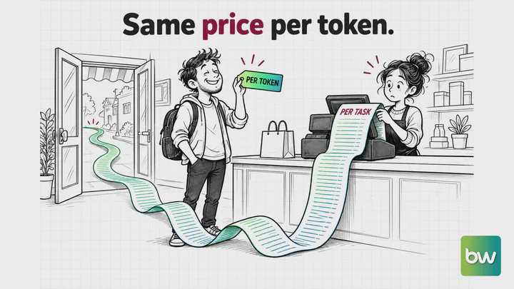LLM meme: a shopper beams at a per-token price tag while the cashier unrolls a per-task receipt across the store.