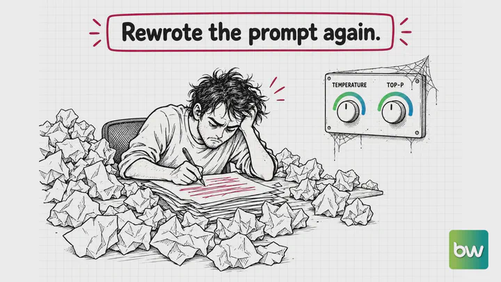 LLM meme: a weary developer rewrites a prompt amid crumpled paper while the temperature and top-p knobs gather cobwebs.