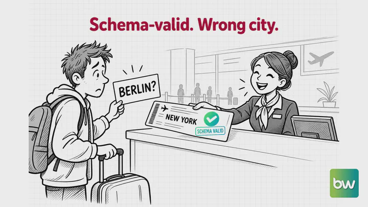 LLM meme: A traveller holds a Berlin sign while a beaming clerk hands over a schema-valid ticket to New York.