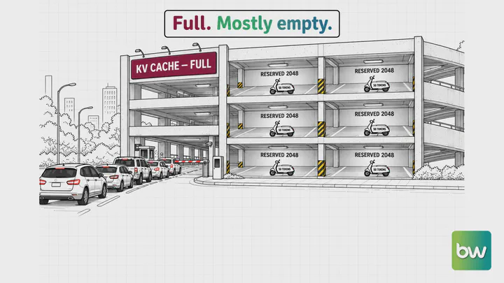 Machine learning meme: A garage marked full holds one tiny scooter per huge reserved bay while cars queue outside.