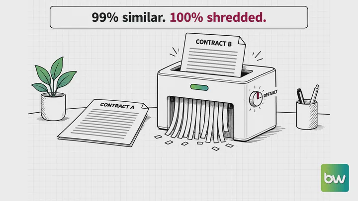 Machine learning meme: A shredder on its default setting eats contract B while the nearly identical contract A stays safe.