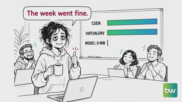 Machine learning meme: A tired developer gives a thumbs-up at standup while the whiteboard shows zero minutes on the model.