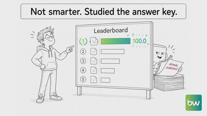 Machine learning meme: A developer praises the top model on a leaderboard while it secretly reads already published exams.