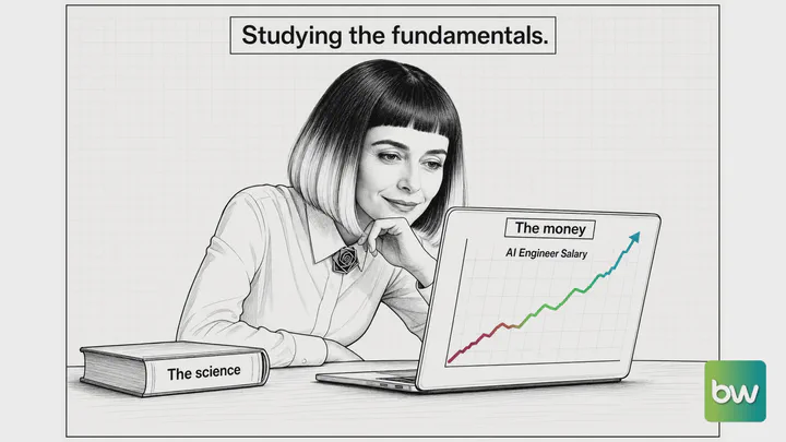 Machine learning meme: a researcher ignores a closed science book and gazes happily at a rising AI salary chart.
