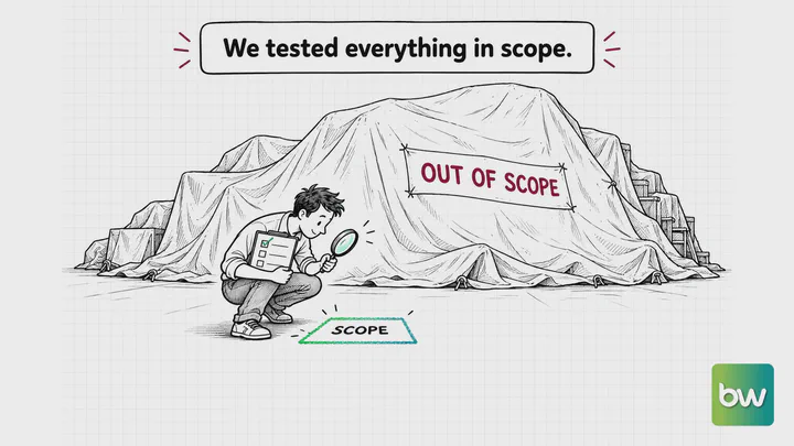 Machine learning meme: a tester checks a tiny scope square with a magnifier beside a huge covered pile marked out of scope.