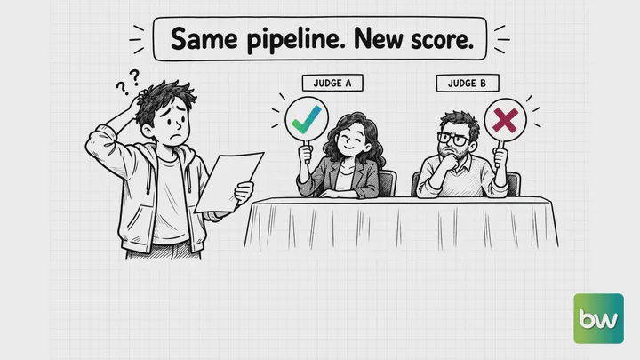 Machine learning meme: a puzzled developer holds one result while judge A raises a check and judge B raises a cross.