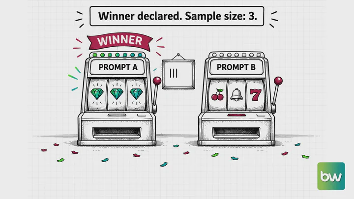 Machine learning meme: Two slot machines run prompt A and B, and A is crowned winner after only three tally marks.