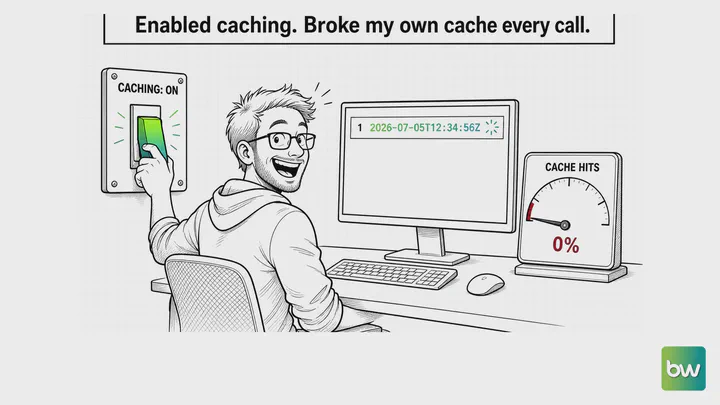Programming meme: a grinning developer flips the caching switch on while a timestamp in his prompt keeps the hit gauge at 0%.
