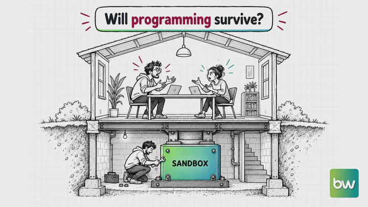 Programming meme: two developers argue at a table upstairs while a third quietly bolts a sandbox into the basement.