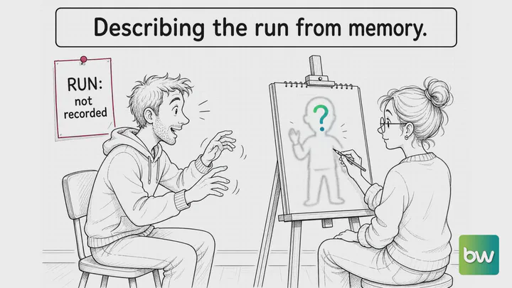 Programming meme: A developer describes last night's agent run to a sketch artist who can only draw a faceless blur.