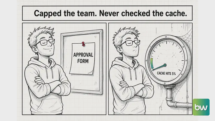 Software engineer meme: a smug engineer pins up an approval form while the dusty cache-hit gauge beside him reads 5%.