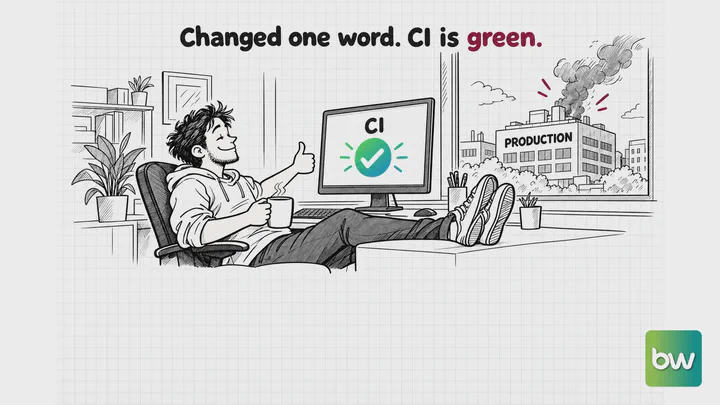 Software engineer meme: an engineer with feet on the desk admires a green CI check as the production building smokes outside.