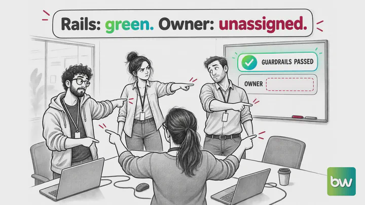 Software engineer meme: Four engineers point at each other while a board shows guardrails passed and no owner.