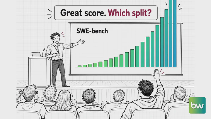 Software engineer meme: A presenter shows off a soaring SWE-bench bar chart as one person in the audience raises a hand.