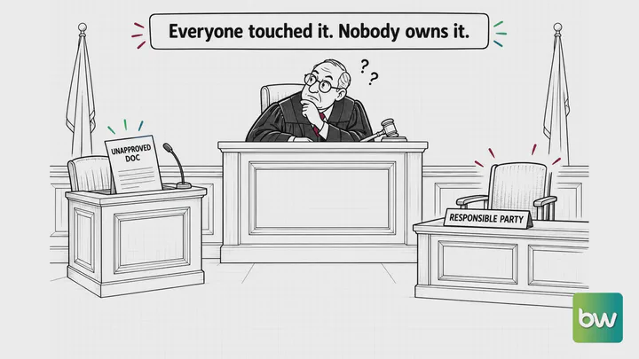 Software engineer meme: A puzzled judge eyes an unapproved document on the stand beside an empty responsible party chair.