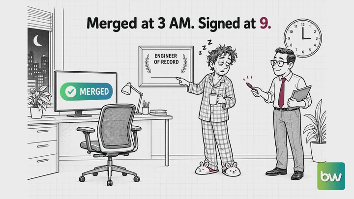 Software engineer meme: A manager hands a pen to a sleepy developer in pyjamas beside an empty chair and a merged screen.