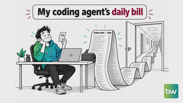 Vibe coding meme: a developer holds a tiny lunch receipt while the coding agent's receipt unrolls out of the room
