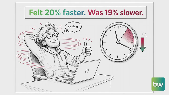 Vibe coding meme: a relaxed developer gives a thumbs up at his laptop while the wall clock shows the time lost in red.