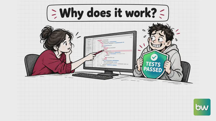 Vibe coding meme: a colleague points at a code line while a sweating developer hides behind a tests-passed shield.